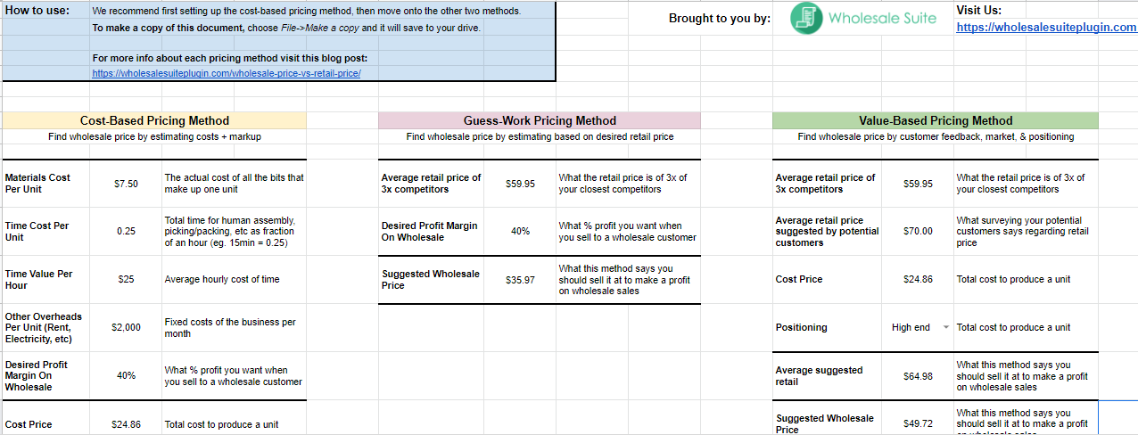 The spreadsheet with the wholesale price formulas. 