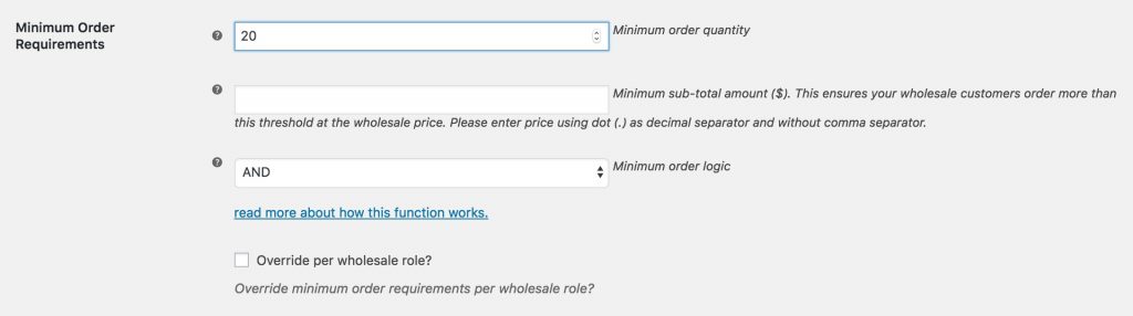 Minimum order requirement global settings.