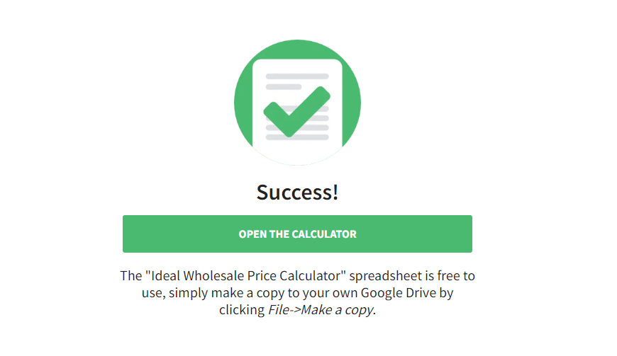 The success message on the wholesale price calculator