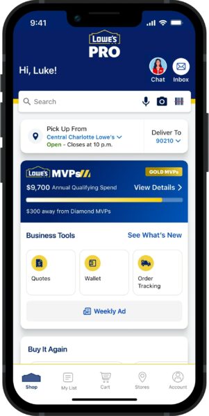 Screenshot of Lowe's MVPs Business Tools in the app.