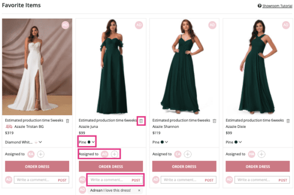 Virtual showrooms allow bridal parties to view and comment on style options. 
