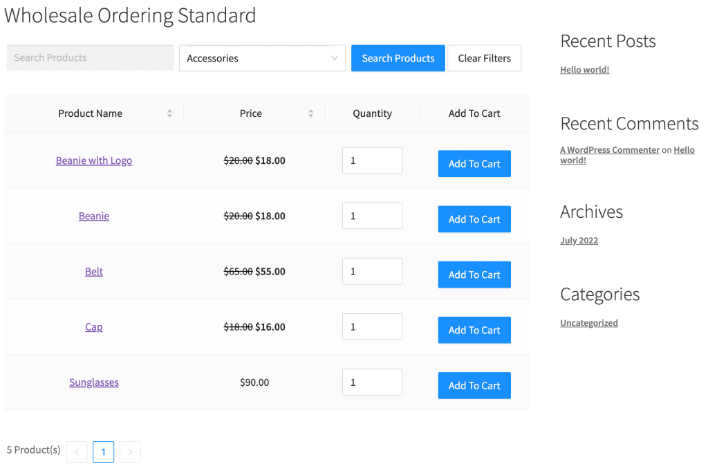 An example of a WooCommerce product list. 