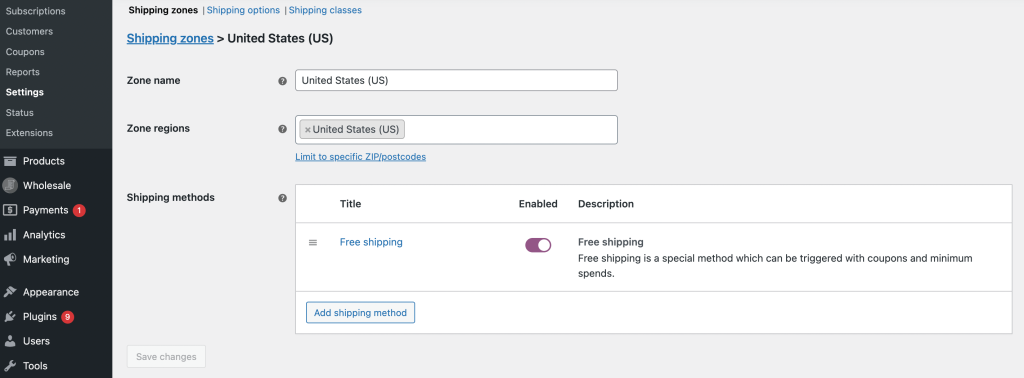 Editing shipping zones in WooCommerce