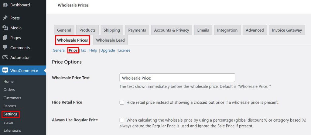 Wholesale Prices Price settings for users who are not logged in