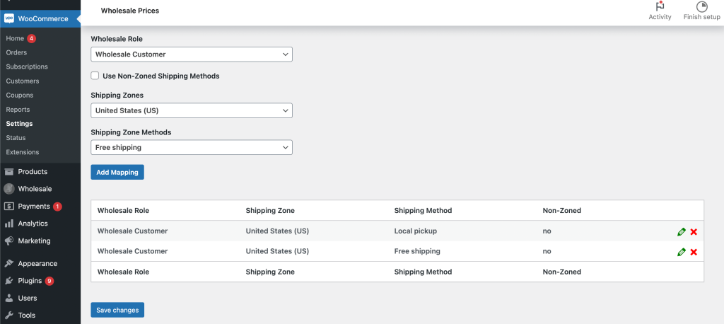 Updated wholesale user role shipping mapping