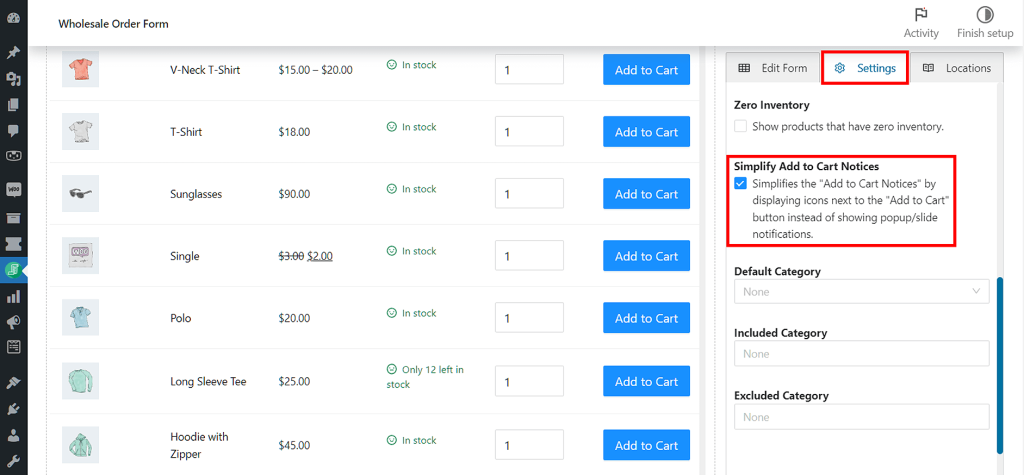 To simplify your WooCommerce Add to Cart notices, tick the Simplify Add to Cart notices checkbox.
