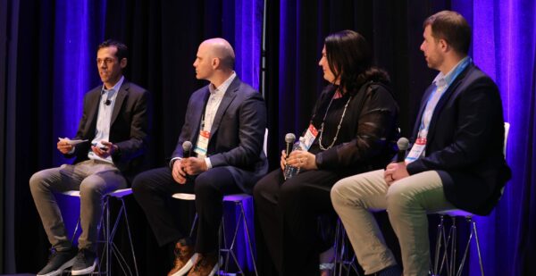 Insider Intelligence’s Andrew Lipsman moderates a panel at the Retail Innovation Conference & Expo June 15, 2023 with retail media executives from Lowe’s (John Storms), Marriott (Elizabeth Donovan) and Dollar General (Dustin Cochart).