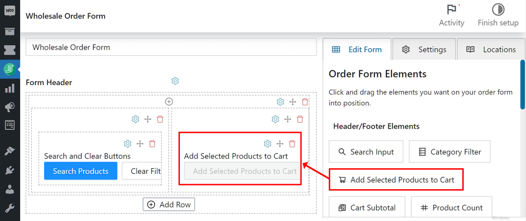 To implement the Add Selected Products To Cart option in your online wholesale store, you must insert the element into your form's header or footer section.