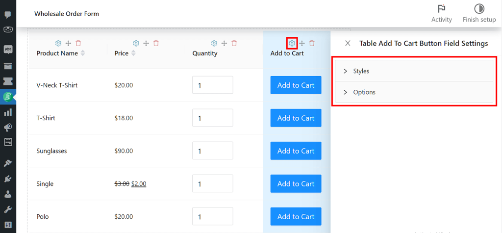 The settings for Add to Cart Button include Styles and Options.