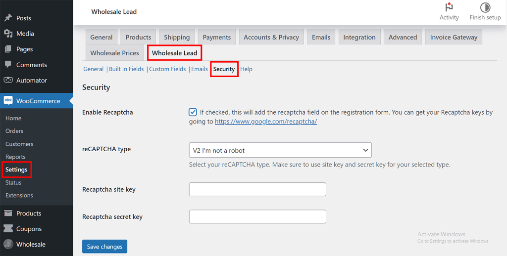 Enabling reCAPTCHA for your wholesale leads form.