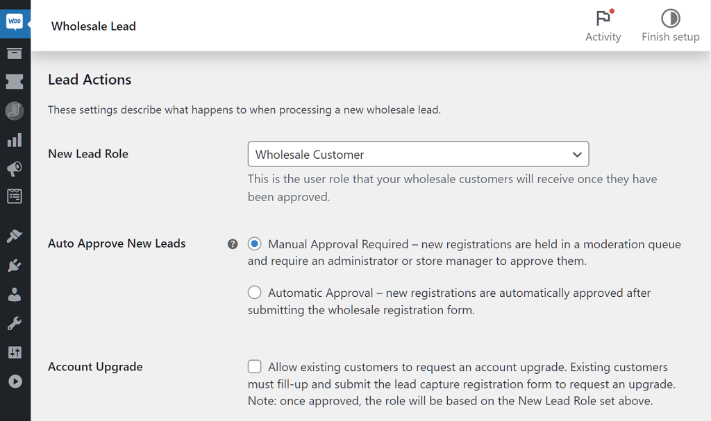 Configuring lead actions in Wholesale Lead Capture