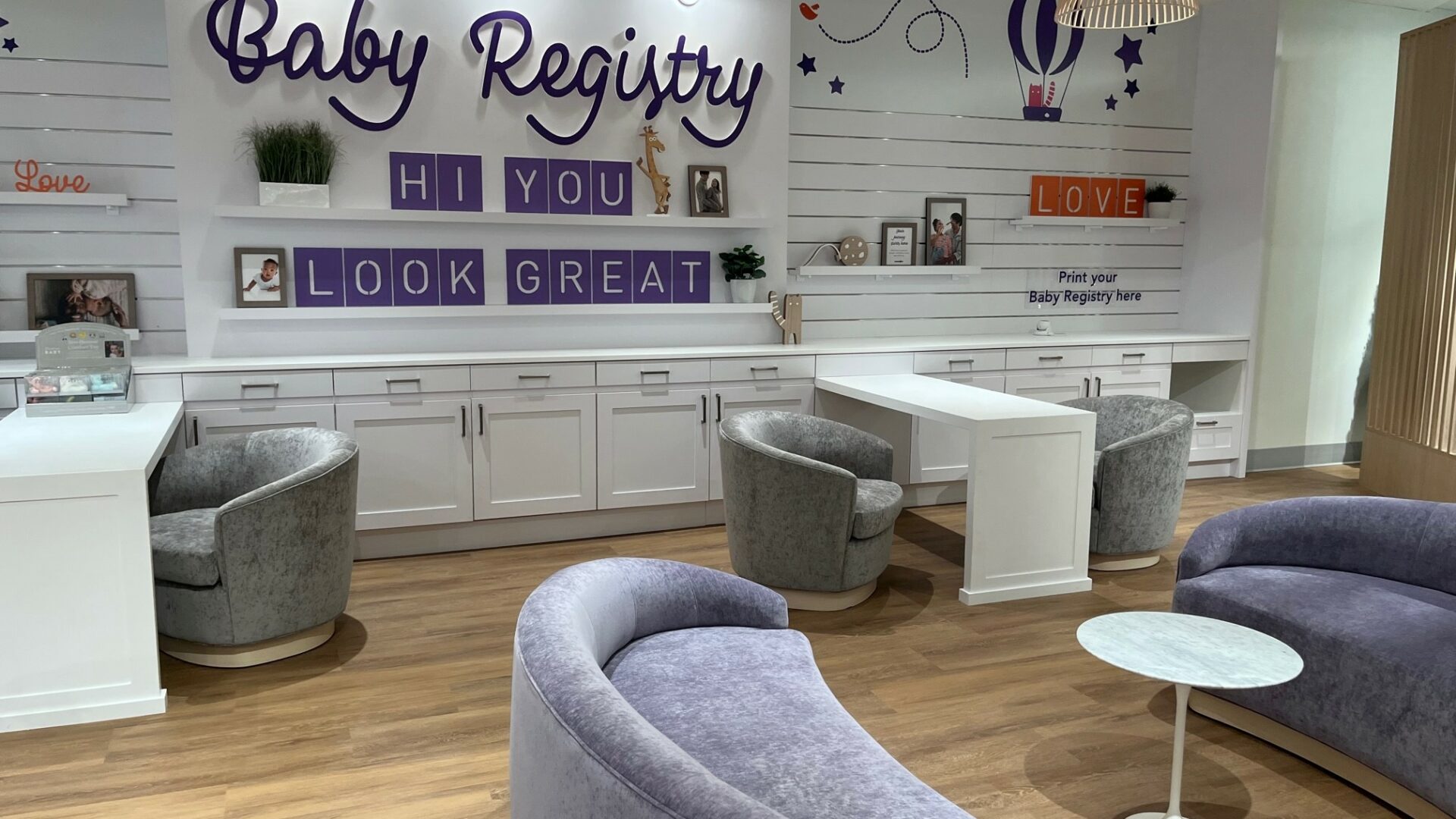Baby Registry lounge area at front of store. (Photo Credit: Retail TouchPoints)
