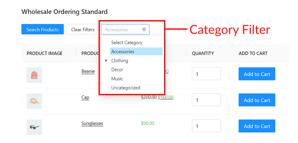 Category Filter is one of the most important header and footer elements to put on your wholesale order form