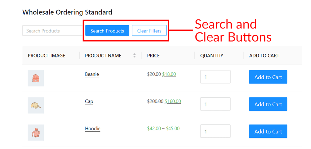 Search and Clear Buttons is one of the most important header and footer elements to put on your wholesale order form