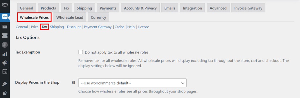 The Tax sub-tab under the Wholesale Prices tab
