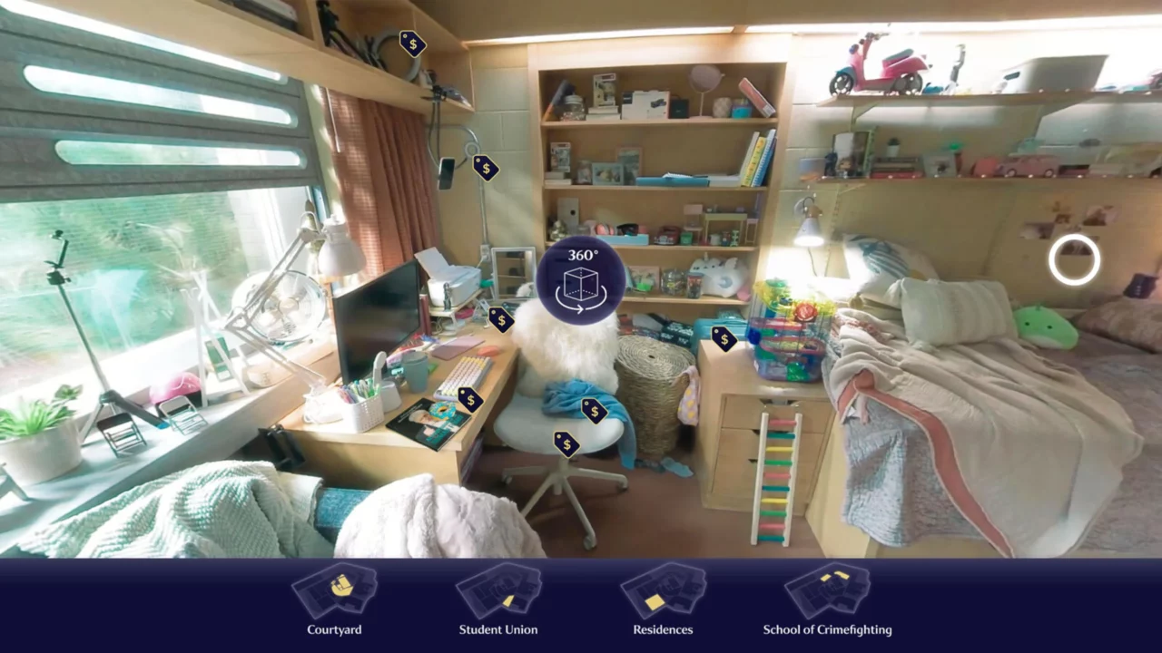 A shoppable dorm room in the Gen V virtual experience.