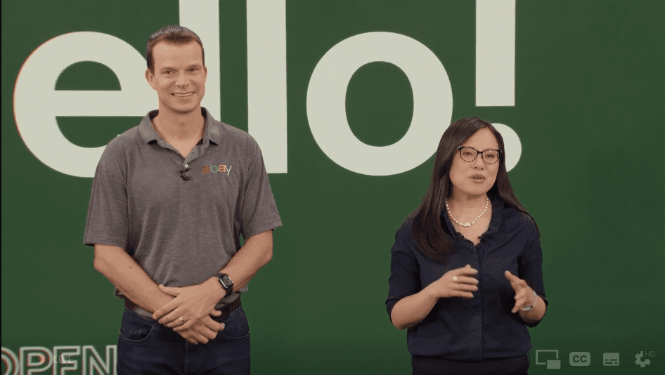 Adam Ireland, GM of Ebay U.S., and Xiaodi Zhang, Ebay's VP of Seller Experience, take the virtual stage at Ebay Open.