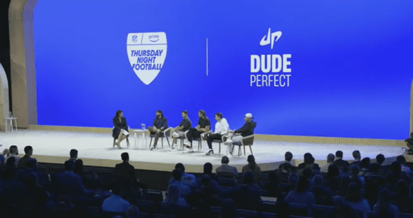 Amazon Ads’ Danielle Carney, Director of NFL Ad Sales chats with the stars of the Dude Perfect brand at Amazon UnBoxed Thurs., Oct. 26. Dude Perfect will be hosting one of the “alternative streams” during the NFL’s first-ever Black Friday game, which will air on Prime Video.