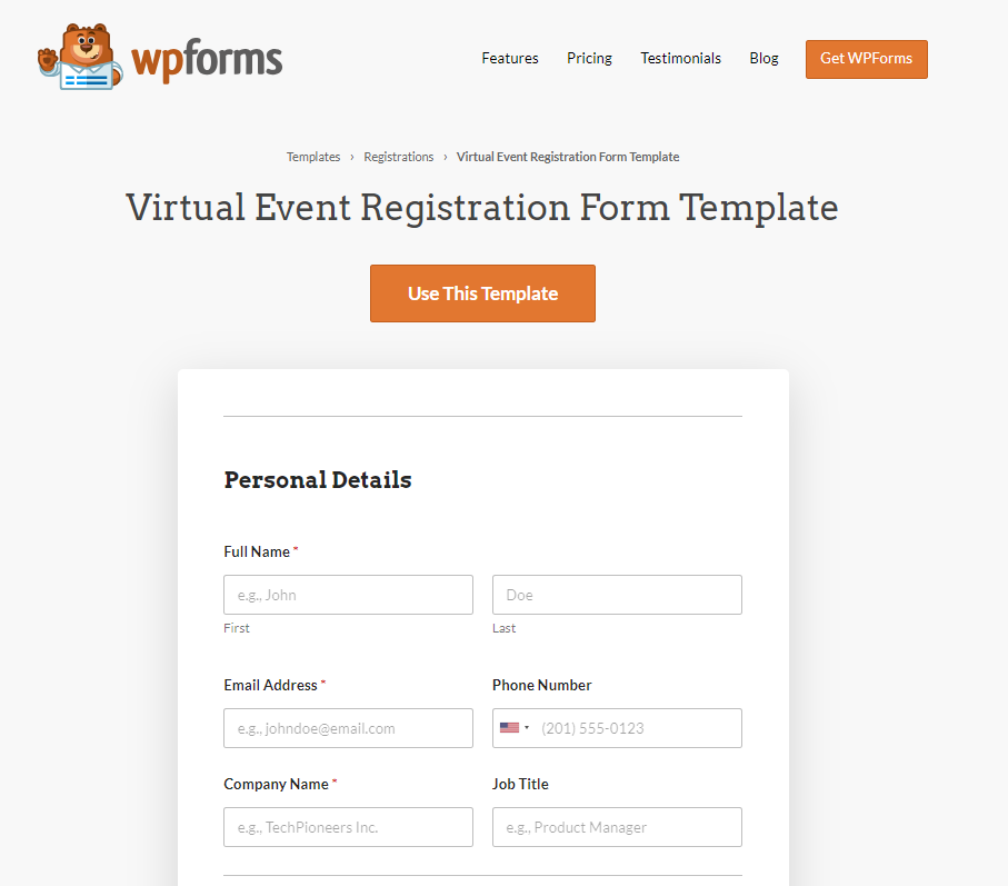 An example of an event registration form made using WPForms