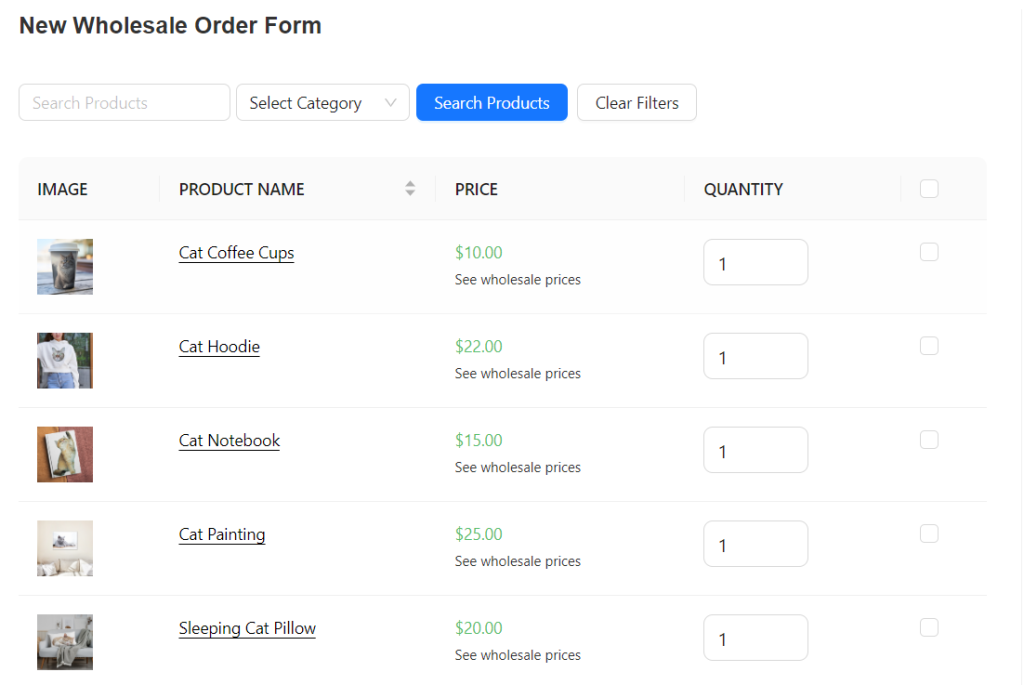 Wholesale order form with Add to Cart checkboxes
