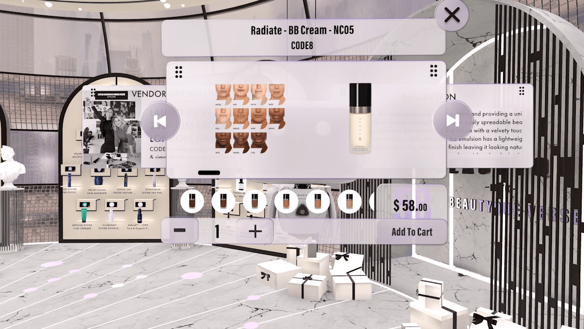 Product detail page within the Beautyque Verse app.