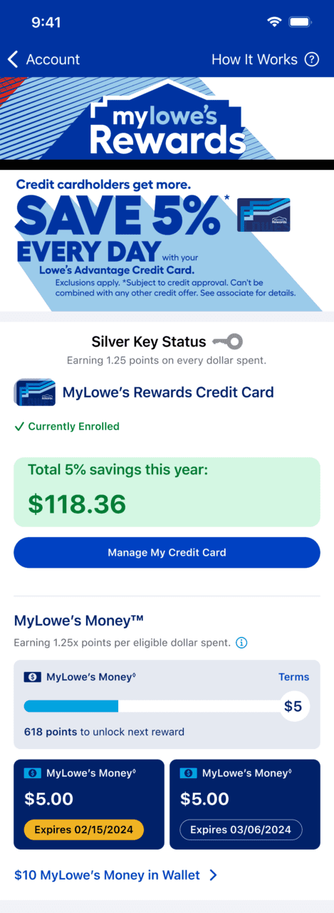 Image of MyLowe's Rewards app dashboard.
