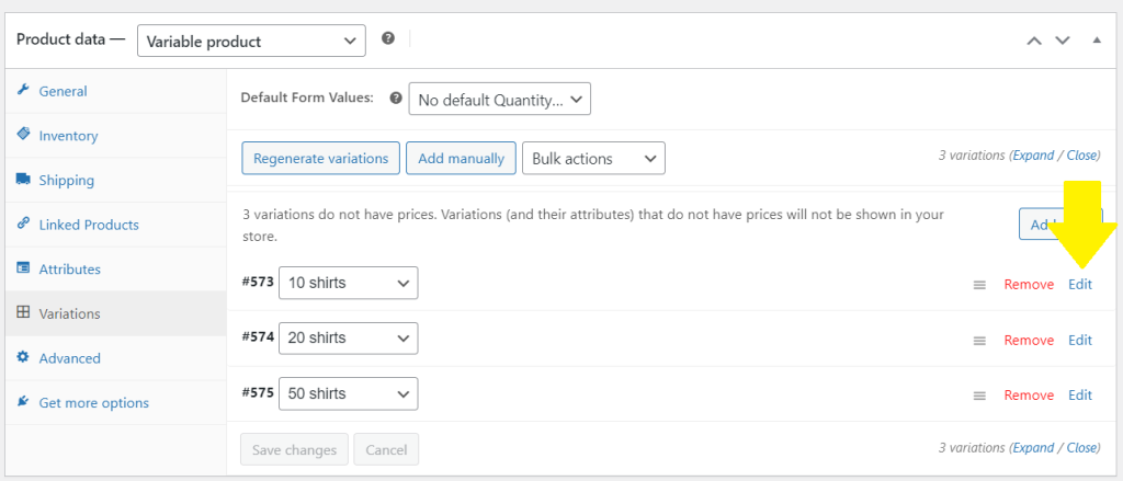 Editing WooCommerce product variations 