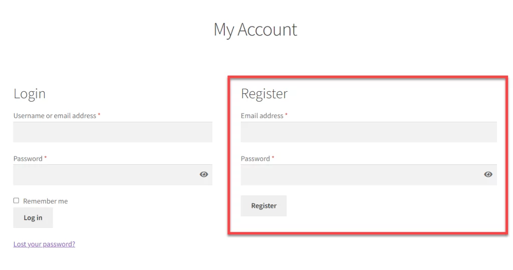 WooCommerce registration page 