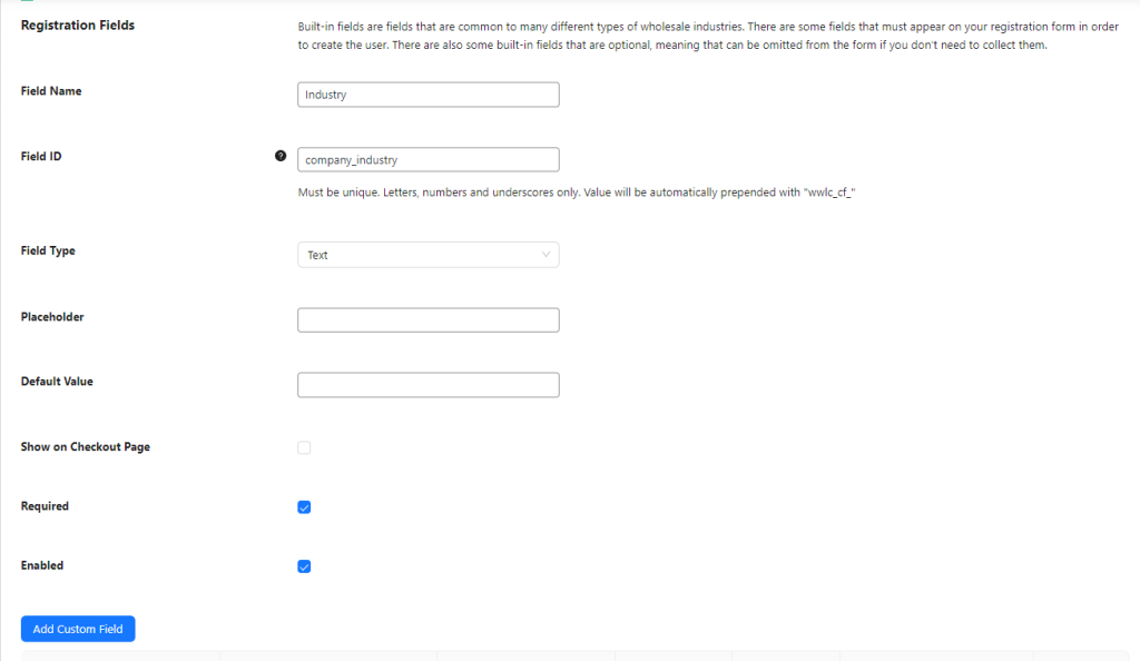 Screenshot showing the process of adding a custom field to the WooCommerce custom registration form in Wholesale Lead Capture settings.