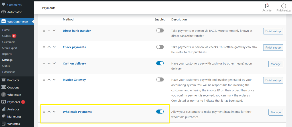 Install and enable Wholesale Payments to enable WooCommerce Deposits 