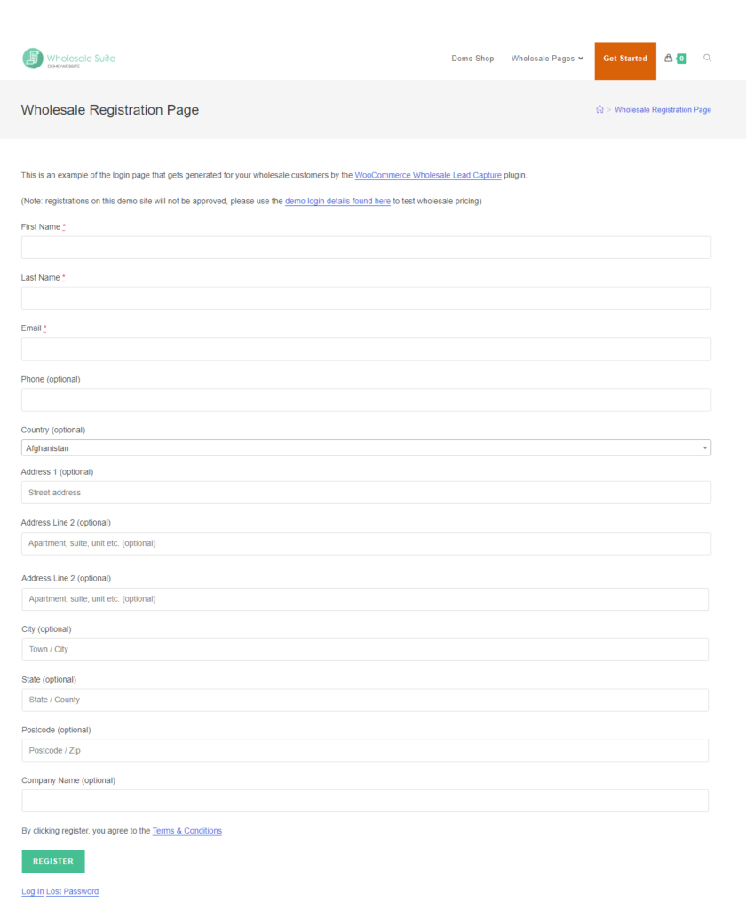 Example screenshot showcasing a wholesale registration page created using Wholesale Lead Capture.