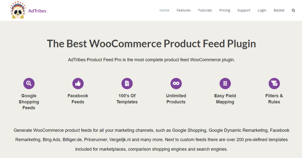 Image of AdTribes Product Feed plugin homepage. 