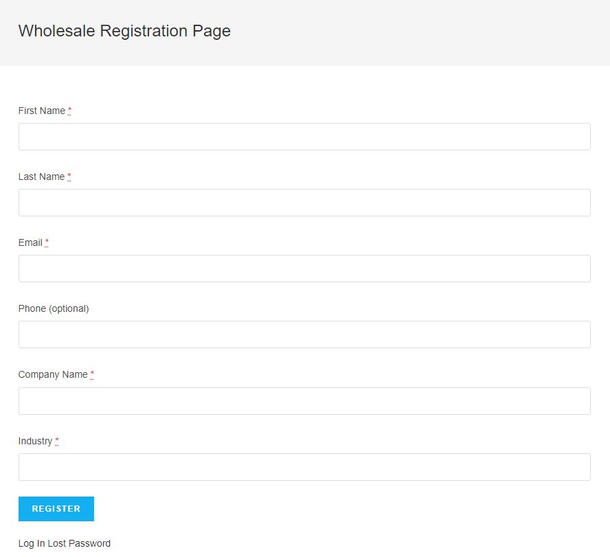 Screenshot of a B2B registration form with fields like First name, Last name, email, and phone. 