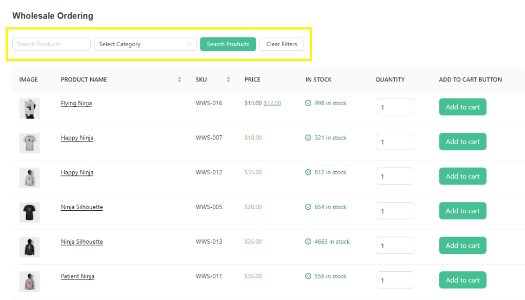 A screenshot of a bulk order form made using Wholesale Order Form, featuring search functionality and add to cart buttons to improve the B2B experience. 