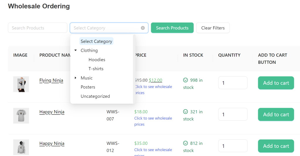 A screenshot of a bulk order form made using Wholesale Order Form. 