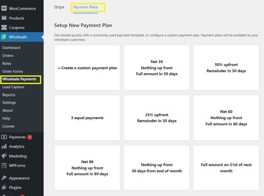 A screenshot of Wholesale Payments' default payment plans, including 3 equal payments, NET 30/60/90, and full amount on the 21st of each month. 