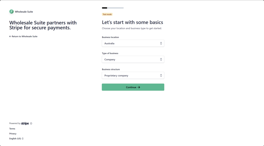 Image of Wholesale Payments' Stripe onboarding page, asking store owners information like Business location, type of business, and business structure. 