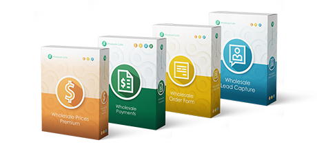 Wholesale Suite product boxes, representing four WooCommerce plugins that elevate the B2B experience. 