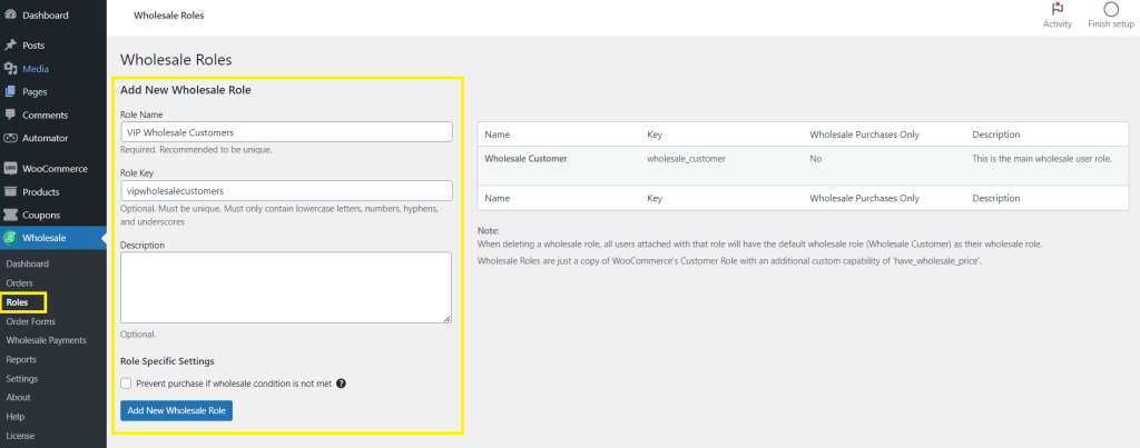 The Wholesale Roles settings page on Wholesale Prices Premium, showing how to add additional wholesale user roles.