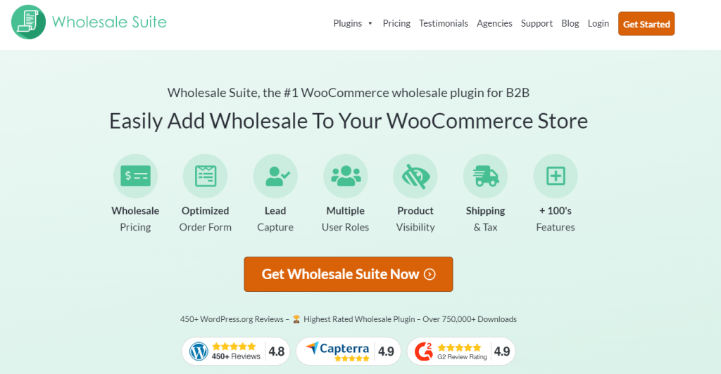 Wholesale Suite's core features, including wholesale pricing, lead capture, optimized order form, and flexible payment terms. 