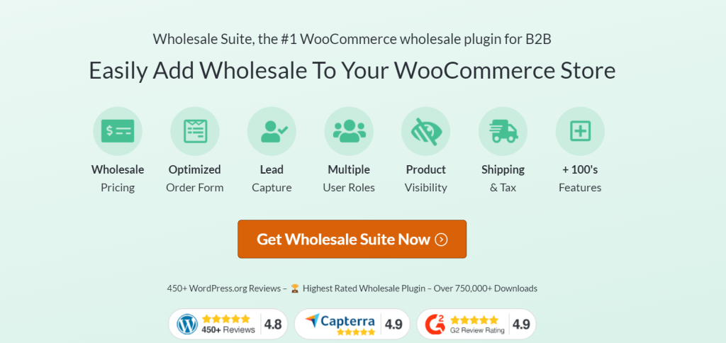 Wholesale Suite's landing page, showing features like wholesale pricing, lead capture, order forms and more. 